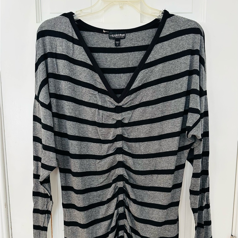 A Pea in the Pod Black and Gray Striped V-Neck Maternity Tunic